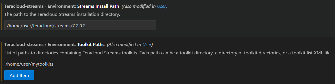 Screenshot showing configured Streams and Toolkit paths in VS Code settings