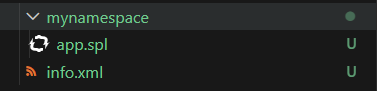 Screenshot showing the created namespace directory, SPL file, and info.xml of an application