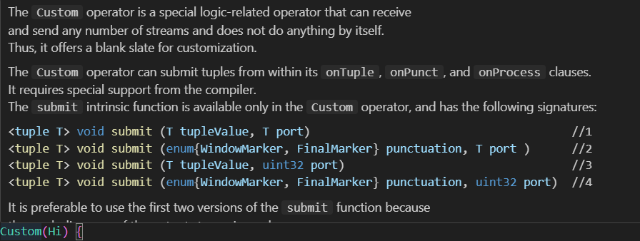 Screenshot showing Custom operator documentation appears as a tooltip when user hovers over the Custom operator in their SPL application.