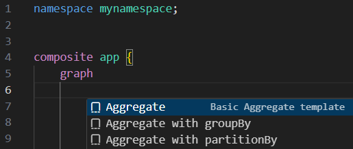 Screenshot showing IntelliSense operator template suggestions in an SPL file.