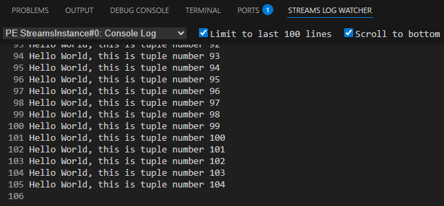 Screenshot showing Streams Log Watcher tab selected in bottom VS Code panel